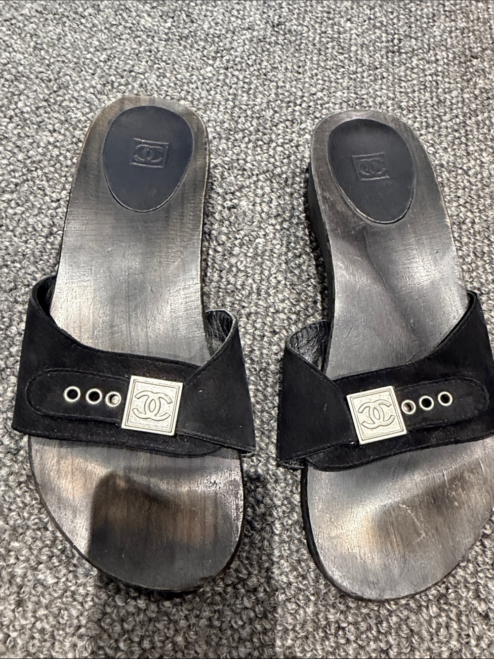 CHANEL Black Suede Slide Mules with Silver CC Square Accent